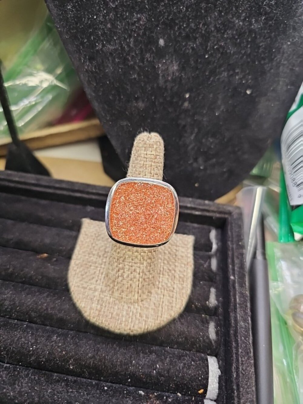 Ring Size 7.5 Pink Sandstone Silvertone Filigree On Sides Large 1" Inch Square